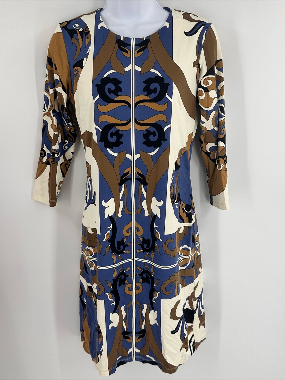 J McLaughlin 3/4 Sleeve Sophia Dress XS Blue Brown Baroque Print Stretch Preppy